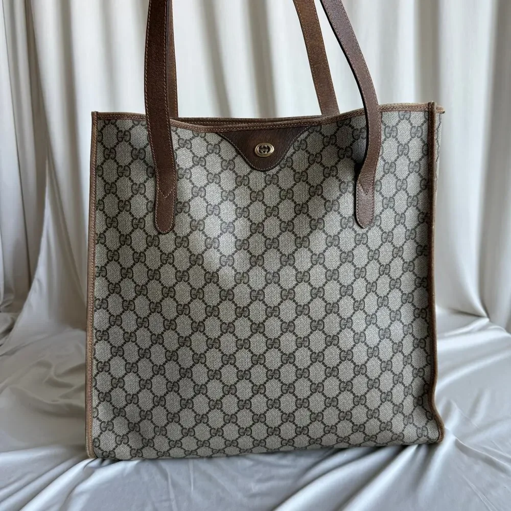 Gucci GG Supreme Vertical Tote - Brown Leather Trim, Large, Vintage